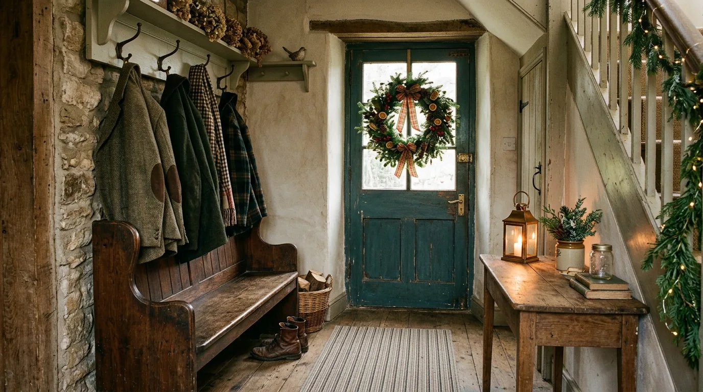 Vintage holiday entryway with bench, wreath, and lantern.